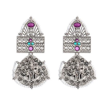 Traditional Indian Matte Silver Oxidised CZ, Crystal Studded Leaf Laxmi Temple Earring For Women- Silver Ruby Green (SJE_209_S_R_G)