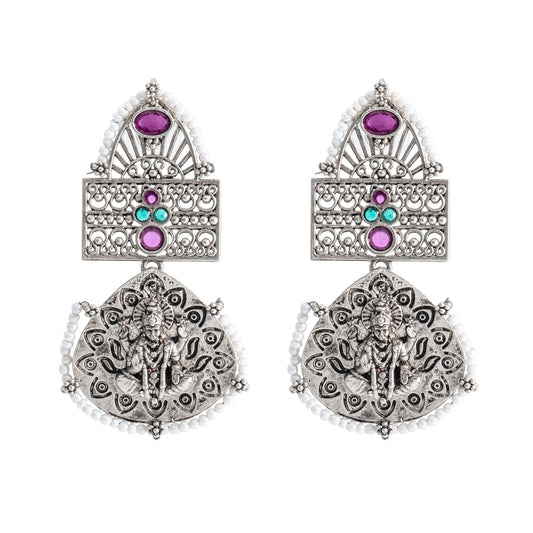 Traditional Indian Matte Silver Oxidised CZ, Crystal Studded Leaf Laxmi Temple Earring For Women- Silver Ruby Green (SJE_209_S_R_G)