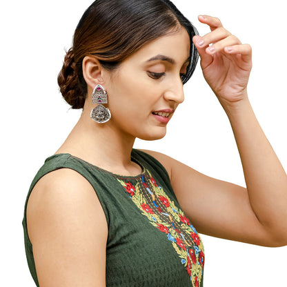Traditional Indian Matte Silver Oxidised CZ, Crystal Studded Leaf Laxmi Temple Earring For Women- Silver Ruby Green (SJE_209_S_R_G)