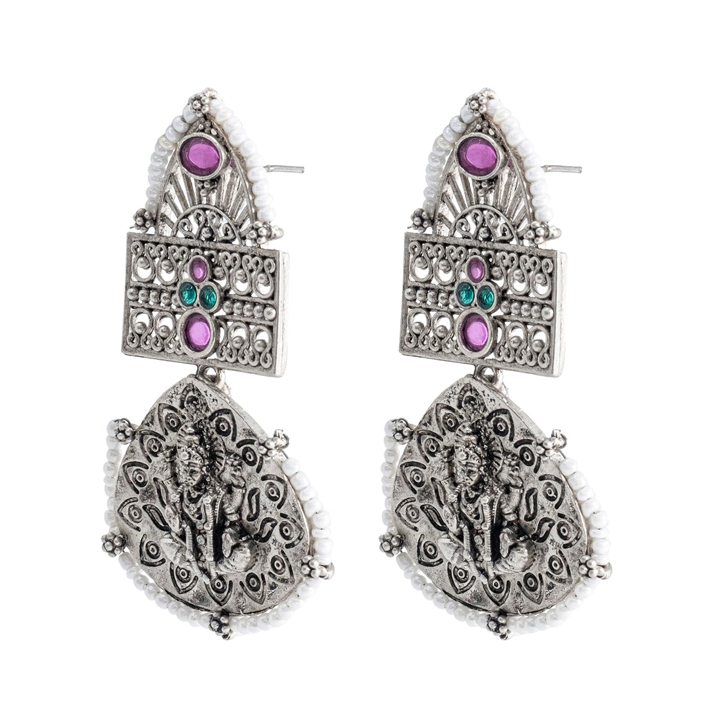 Traditional Indian Matte Silver Oxidised CZ, Crystal Studded Leaf Laxmi Temple Earring For Women- Silver Ruby Green (SJE_209_S_R_G)