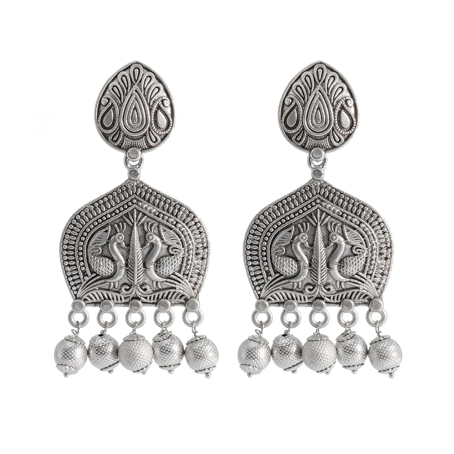 Traditional Indian Matte Silver Oxidised CZ, Crystal Studded Peacock Drop Earring For Women- Silver (SJE_210_S)