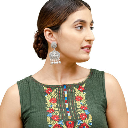 Traditional Indian Matte Silver Oxidised CZ, Crystal Studded Peacock Drop Earring For Women- Silver (SJE_210_S)