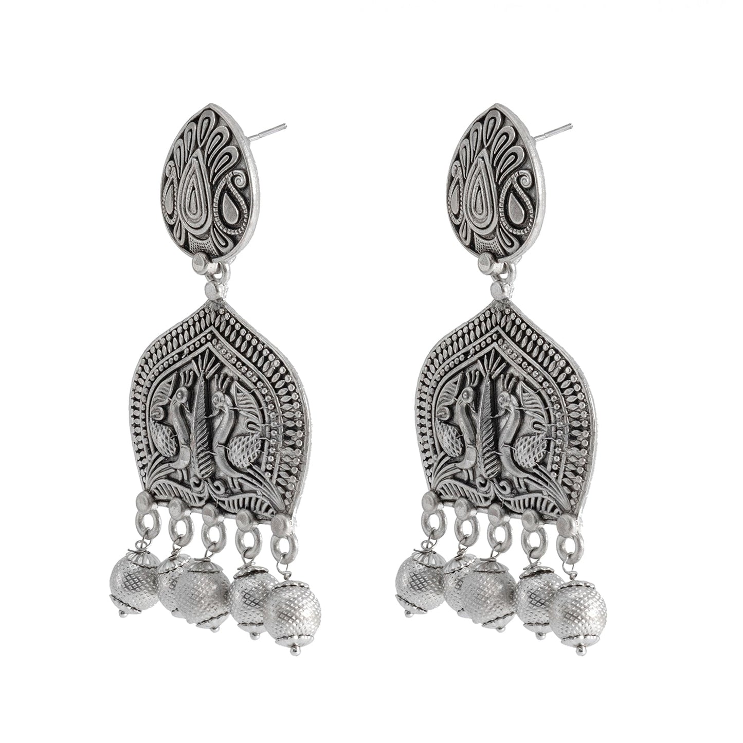 Traditional Indian Matte Silver Oxidised CZ, Crystal Studded Peacock Drop Earring For Women- Silver (SJE_210_S)