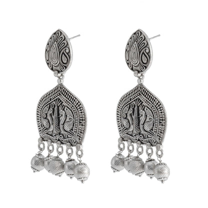 Traditional Indian Matte Silver Oxidised CZ, Crystal Studded Peacock Drop Earring For Women- Silver (SJE_210_S)