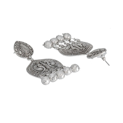 Traditional Indian Matte Silver Oxidised CZ, Crystal Studded Peacock Drop Earring For Women- Silver (SJE_210_S)