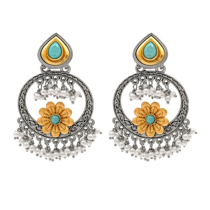 Traditional Indian Matte Gold Antique Oxidised Silver CZ, Crystal Studded Chandbali Earring For Women - Turquiose (SJE_211_AQ)