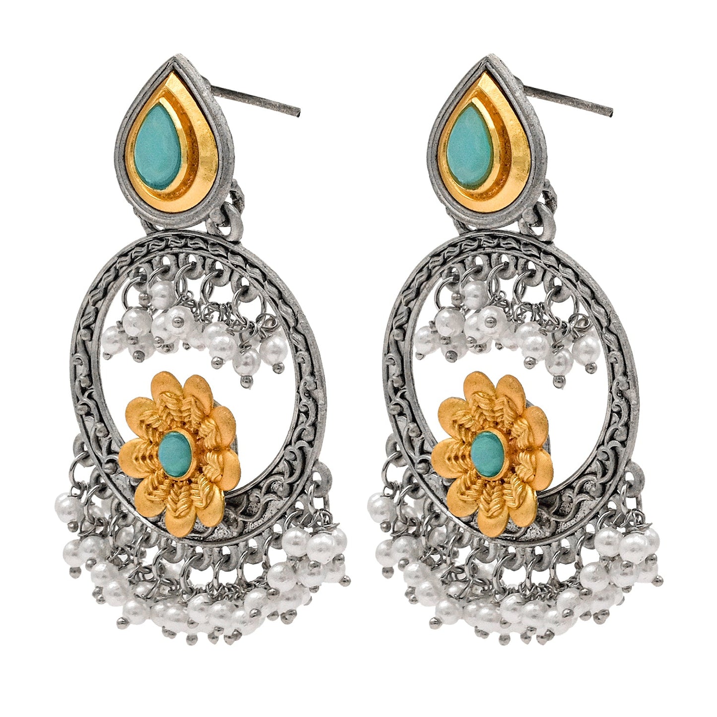 Traditional Indian Matte Gold Antique Oxidised Silver CZ, Crystal Studded Chandbali Earring For Women - Turquiose (SJE_211_AQ)