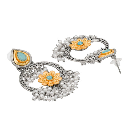 Traditional Indian Matte Gold Antique Oxidised Silver CZ, Crystal Studded Chandbali Earring For Women - Turquiose (SJE_211_AQ)