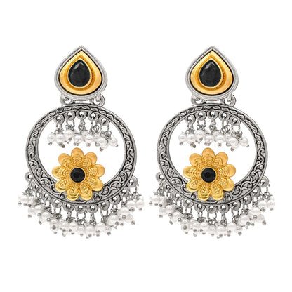 Traditional Indian Matte Gold Antique Oxidised Silver CZ, Crystal Studded Chandbali Earring For Women - Black (SJE_211_BK)