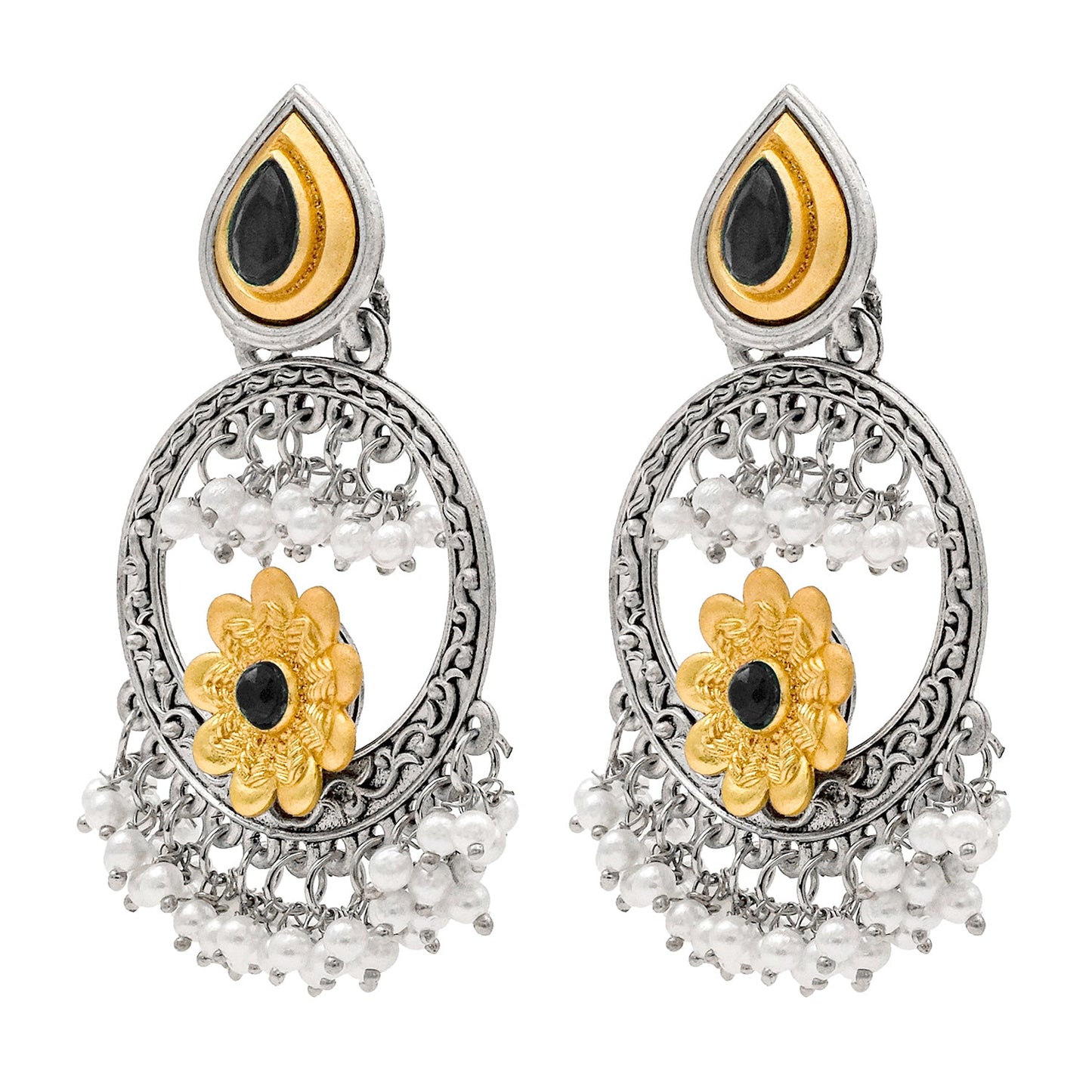 Traditional Indian Matte Gold Antique Oxidised Silver CZ, Crystal Studded Chandbali Earring For Women - Black (SJE_211_BK)