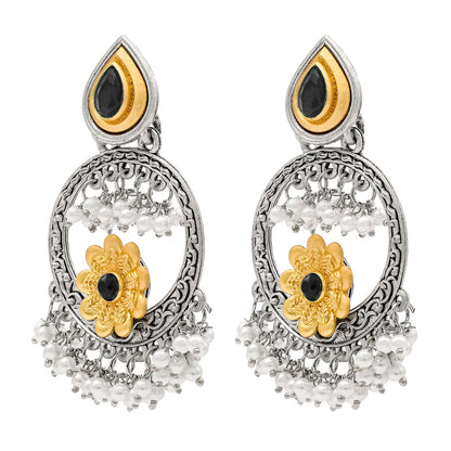 Traditional Indian Matte Gold Antique Oxidised Silver CZ, Crystal Studded Chandbali Earring For Women - Black (SJE_211_BK)