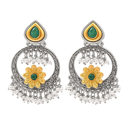 Traditional Indian Matte Gold Antique Oxidised Silver CZ, Crystal Studded Chandbali Earring For Women - Green (SJE_211_G)