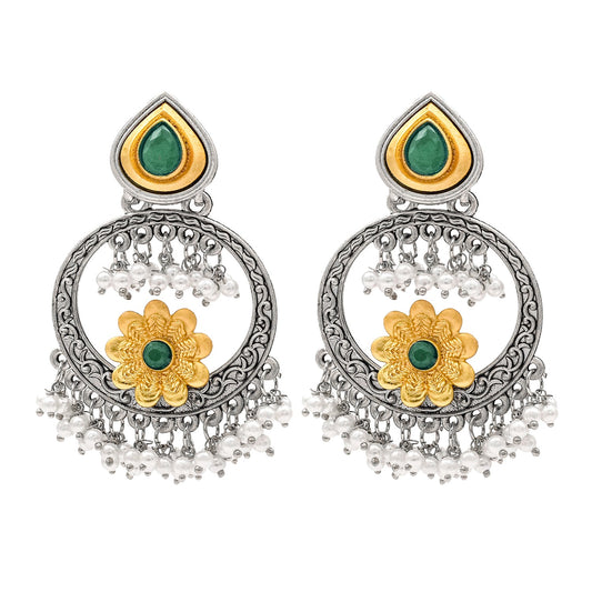 Traditional Indian Matte Gold Antique Oxidised Silver CZ, Crystal Studded Chandbali Earring For Women - Green (SJE_211_G)