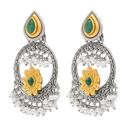 Traditional Indian Matte Gold Antique Oxidised Silver CZ, Crystal Studded Chandbali Earring For Women - Green (SJE_211_G)