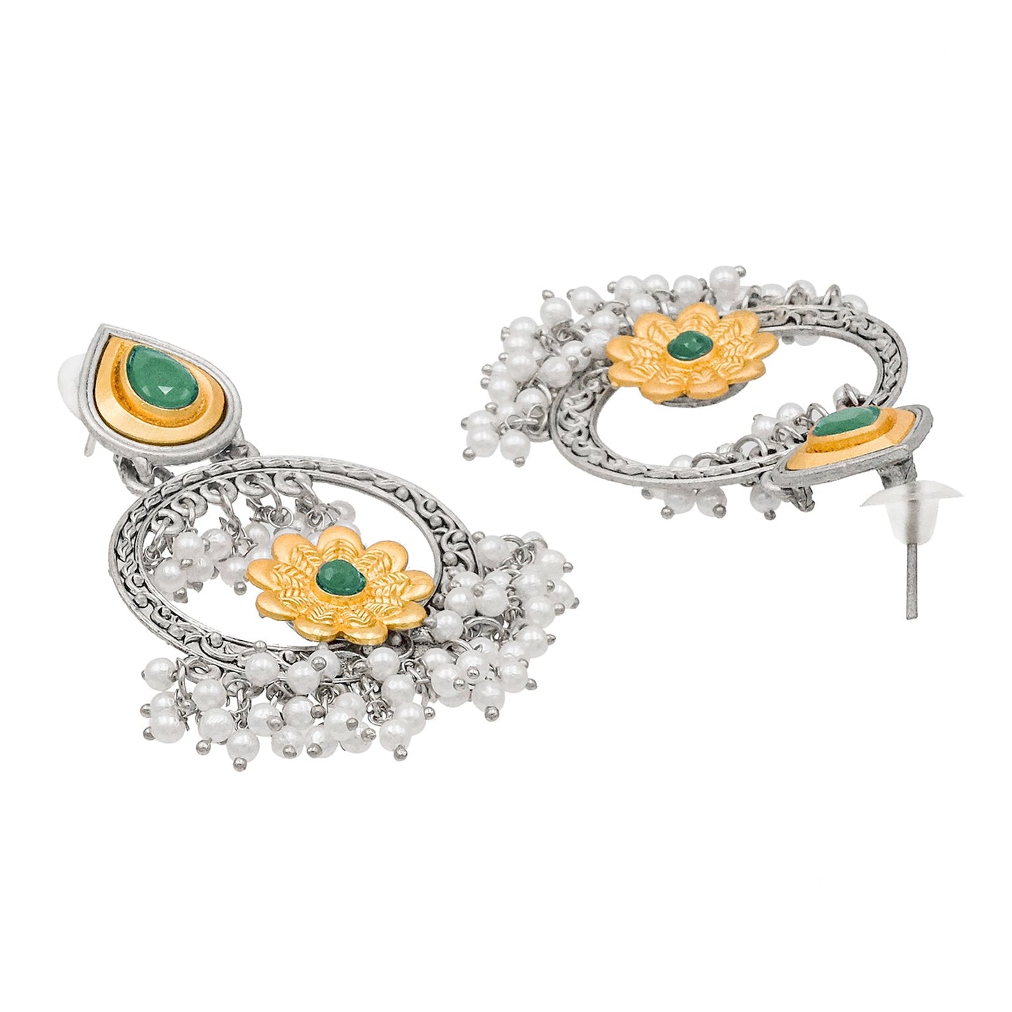 Traditional Indian Matte Gold Antique Oxidised Silver CZ, Crystal Studded Chandbali Earring For Women - Green (SJE_211_G)