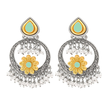 Traditional Indian Matte Gold Antique Oxidised Silver CZ, Crystal Studded Chandbali Earring For Women - Light Green (SJE_211_LG)