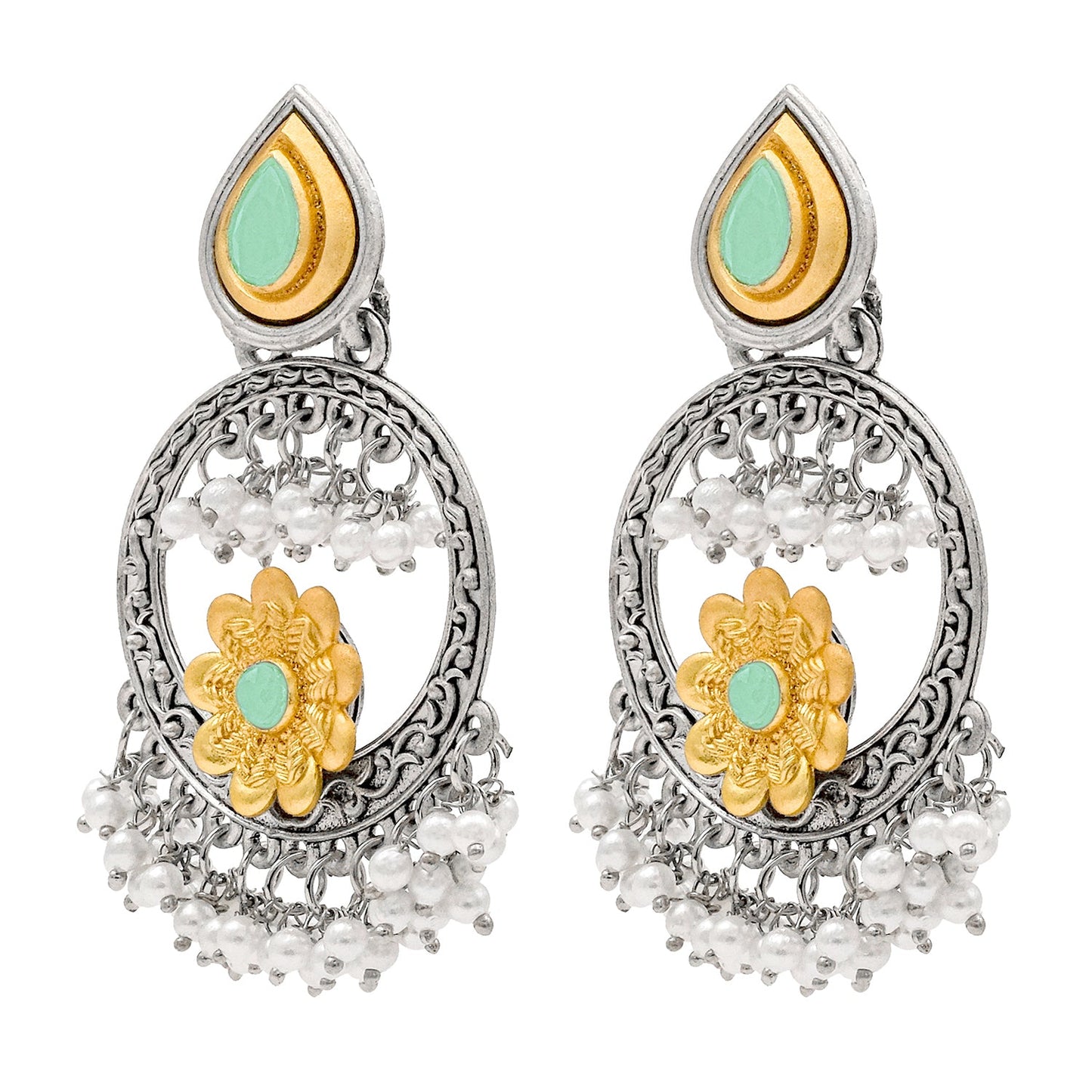 Traditional Indian Matte Gold Antique Oxidised Silver CZ, Crystal Studded Chandbali Earring For Women - Light Green (SJE_211_LG)