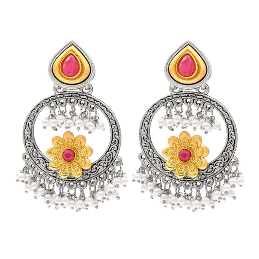 Traditional Indian Matte Gold Antique Oxidised Silver CZ, Crystal Studded Chandbali Earring For Women - Maroon (SJE_211_M)