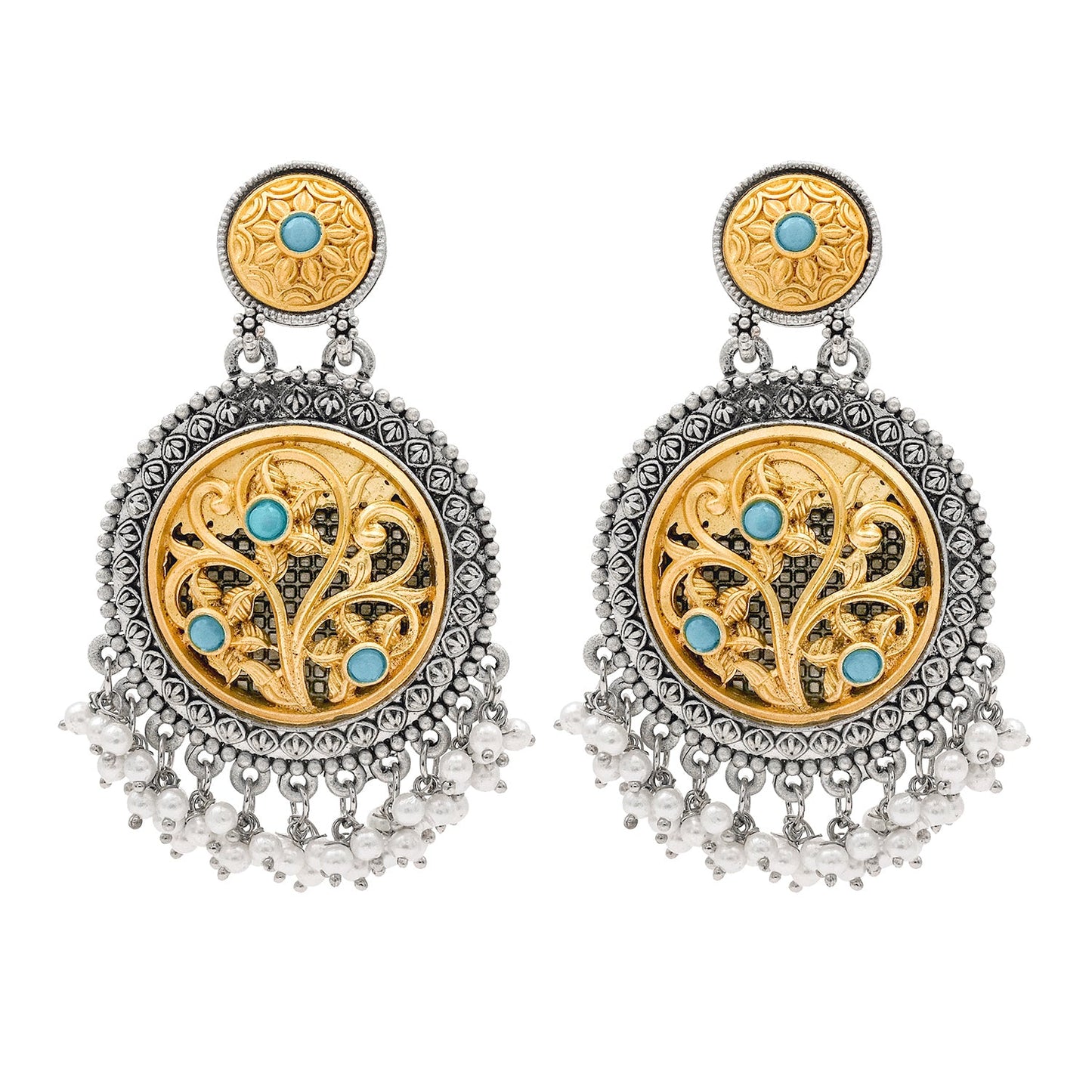 Traditional Indian Matte Gold Antique Oxidised Silver Two Tone CZ, Crystal Studded Drop Earring For Women - Turquoise (SJE_212_AQ)