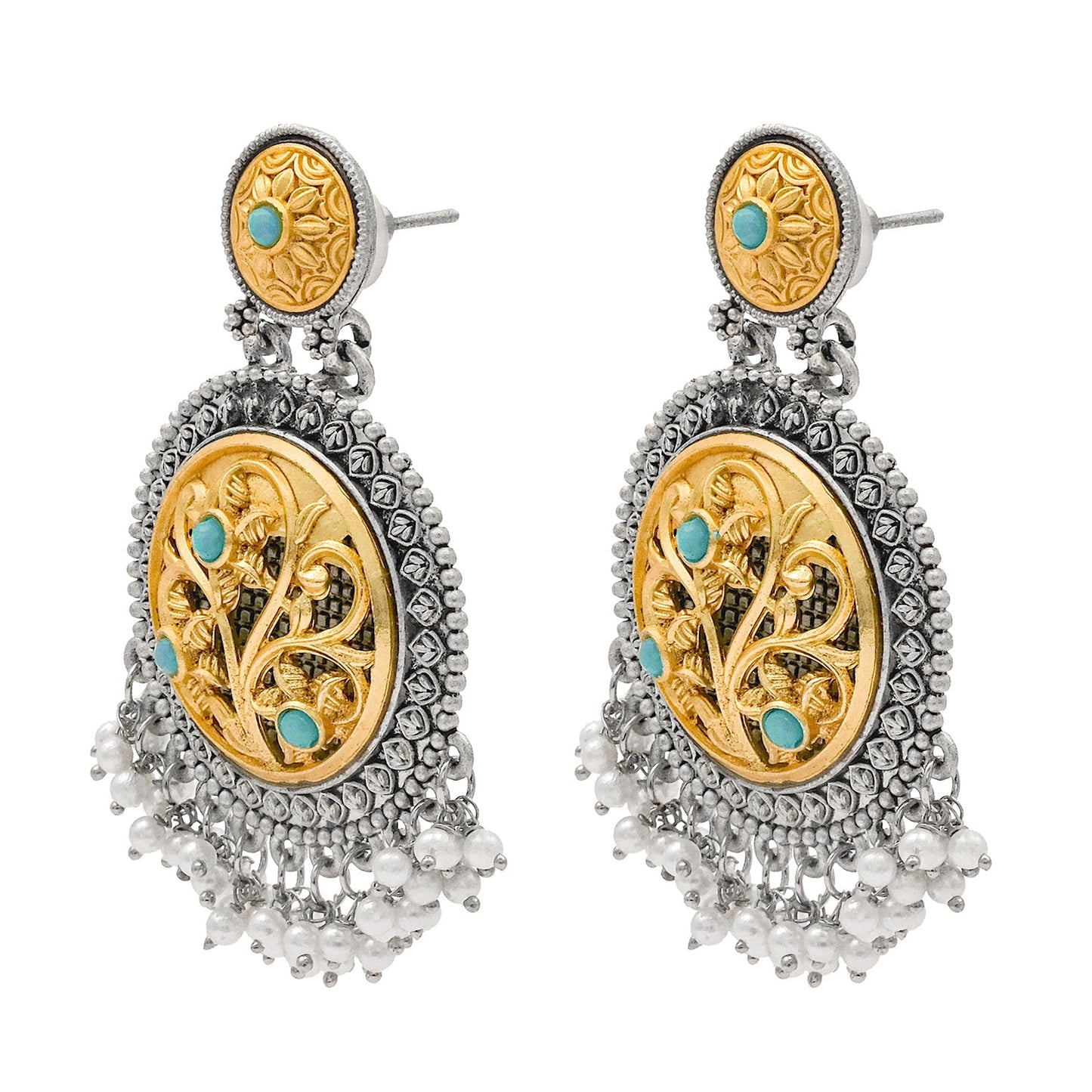 Traditional Indian Matte Gold Antique Oxidised Silver Two Tone CZ, Crystal Studded Drop Earring For Women - Turquoise (SJE_212_AQ)