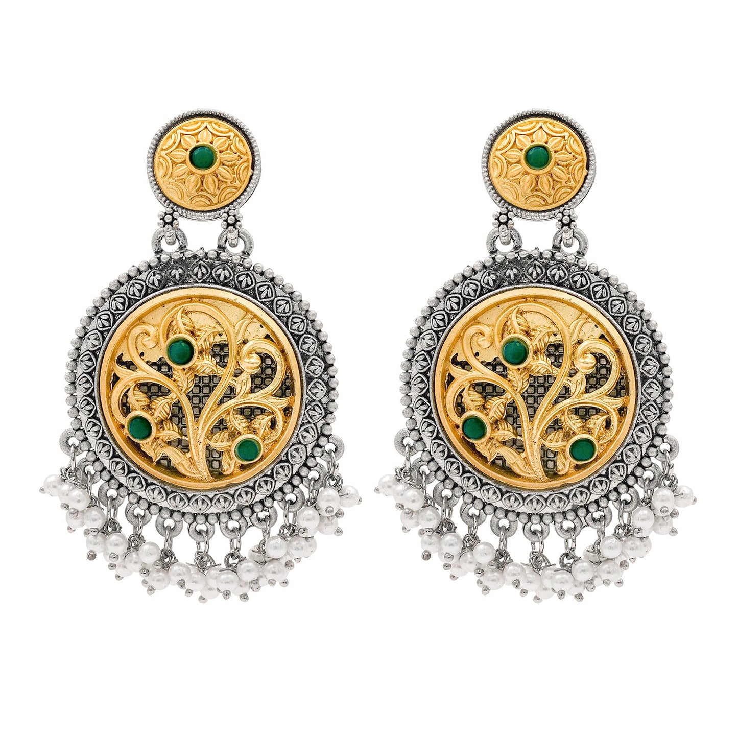 Traditional Indian Matte Gold Antique Oxidised Silver Two Tone CZ, Crystal Studded Drop Earring For Women - Green (SJE_212_G)