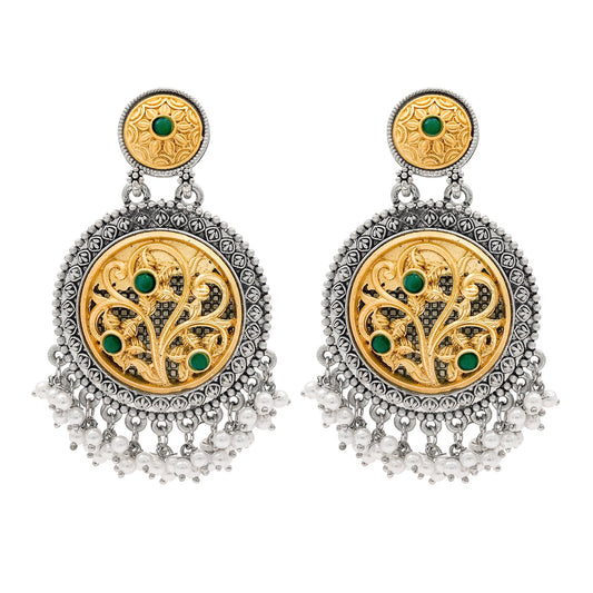 Traditional Indian Matte Gold Antique Oxidised Silver Two Tone CZ, Crystal Studded Drop Earring For Women - Green (SJE_212_G)