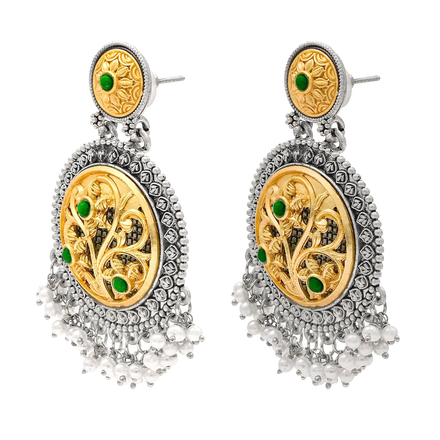 Traditional Indian Matte Gold Antique Oxidised Silver Two Tone CZ, Crystal Studded Drop Earring For Women - Green (SJE_212_G)