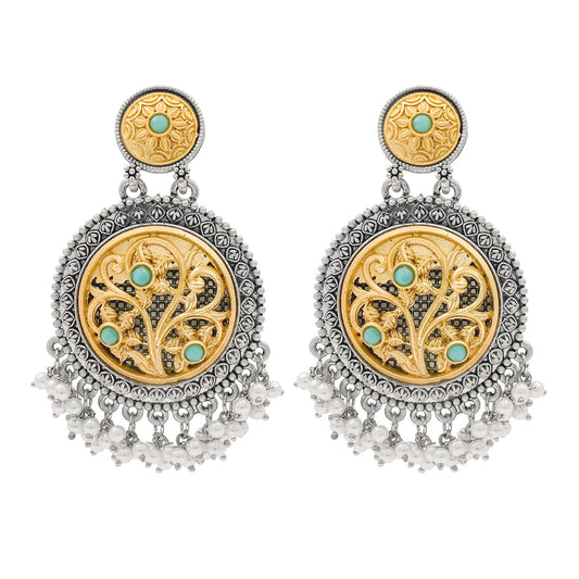 Traditional Indian Matte Gold Antique Oxidised Silver Two Tone CZ, Crystal Studded Drop Earring For Women - Light Green (SJE_212_LG)