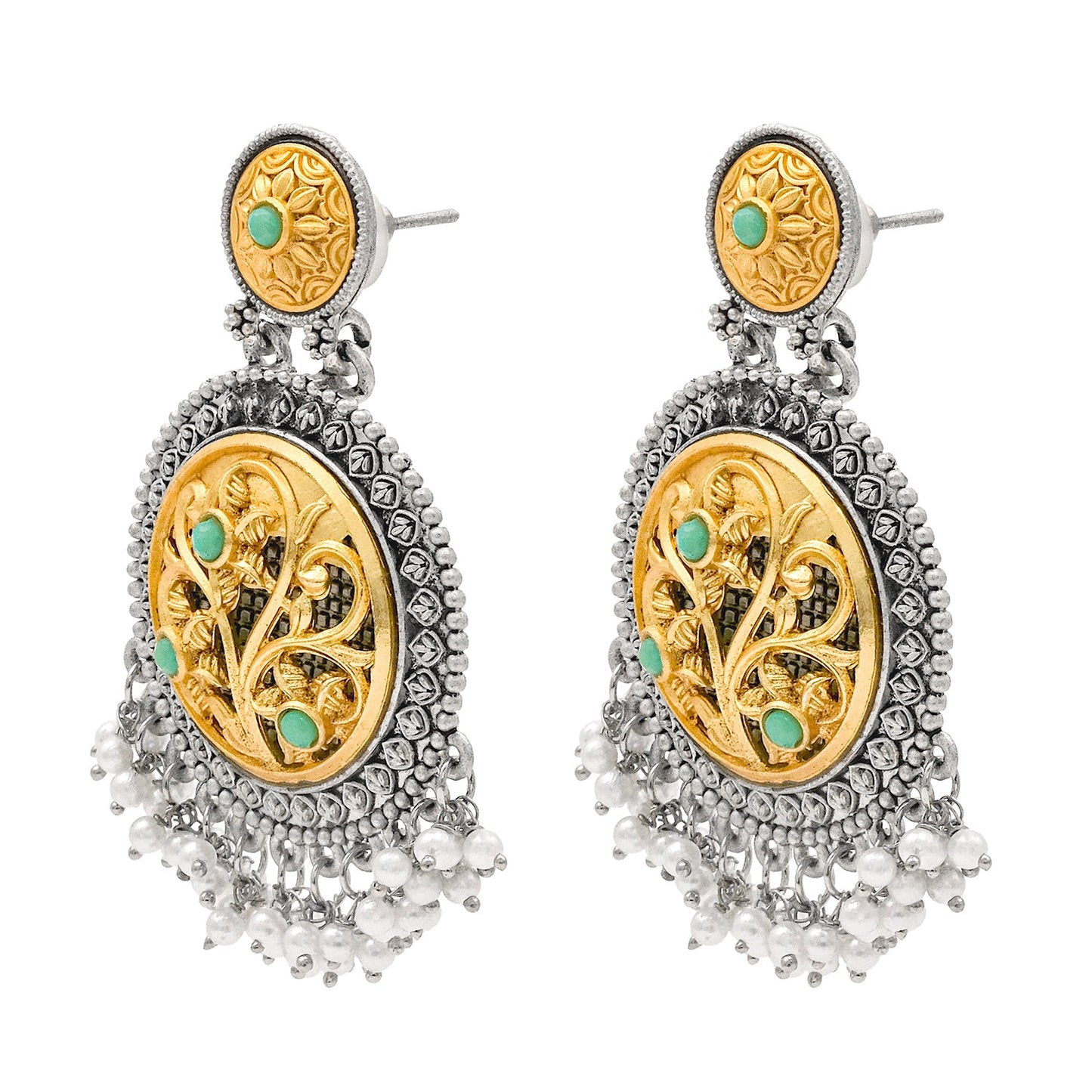 Traditional Indian Matte Gold Antique Oxidised Silver Two Tone CZ, Crystal Studded Drop Earring For Women - Light Green (SJE_212_LG)