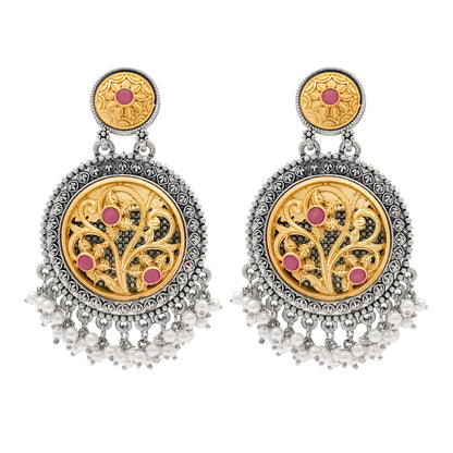 Traditional Indian Matte Gold Antique Oxidised Silver Two Tone CZ, Crystal Studded Drop Earring For Women - Maroon (SJE_212_M)