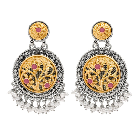 Traditional Indian Matte Gold Antique Oxidised Silver Two Tone CZ, Crystal Studded Drop Earring For Women - Maroon (SJE_212_M)