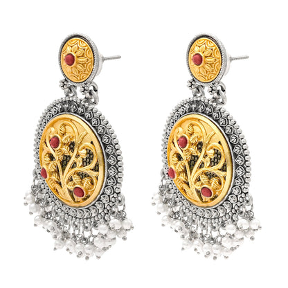 Traditional Indian Matte Gold Antique Oxidised Silver Two Tone CZ, Crystal Studded Drop Earring For Women - Maroon (SJE_212_M)