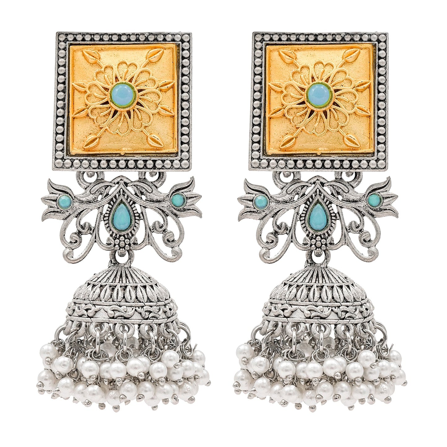 Traditional Indian Matte Gold Antique Oxidised Silver CZ, Crystal Studded Jhumka Earring For Women -Two Tone Turquoise (SJE_213_AQ)