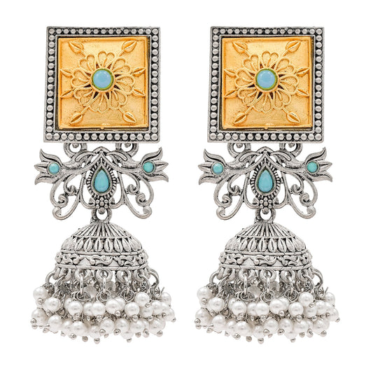 Traditional Indian Matte Gold Antique Oxidised Silver CZ, Crystal Studded Jhumka Earring For Women -Two Tone Turquoise (SJE_213_AQ)