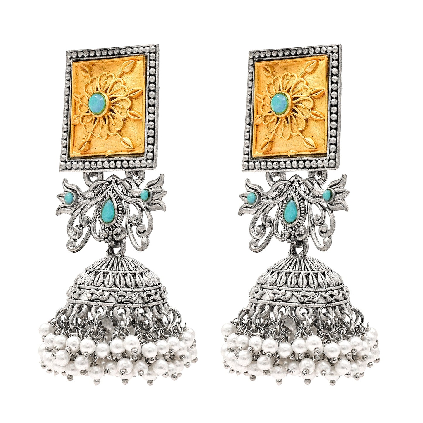 Traditional Indian Matte Gold Antique Oxidised Silver CZ, Crystal Studded Jhumka Earring For Women -Two Tone Turquoise (SJE_213_AQ)