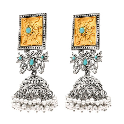 Traditional Indian Matte Gold Antique Oxidised Silver CZ, Crystal Studded Jhumka Earring For Women -Two Tone Turquoise (SJE_213_AQ)