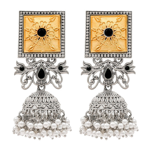 Traditional Indian Matte Gold Antique Oxidised Silver CZ, Crystal Studded Jhumka Earring For Women -Two Tone Black (SJE_213_BK)