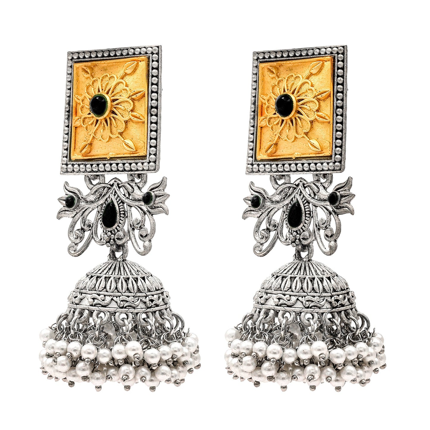 Traditional Indian Matte Gold Antique Oxidised Silver CZ, Crystal Studded Jhumka Earring For Women -Two Tone Black (SJE_213_BK)