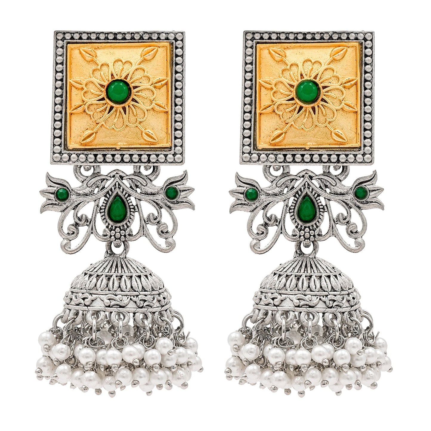 Traditional Indian Matte Gold Antique Oxidised Silver CZ, Crystal Studded Jhumka Earring For Women -Two Tone Green (SJE_213_G)