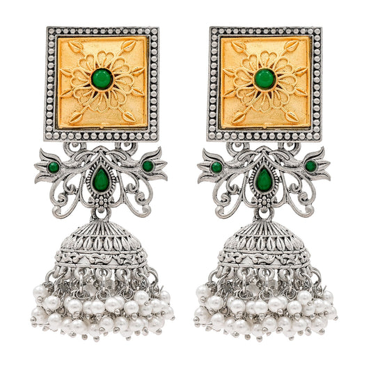 Traditional Indian Matte Gold Antique Oxidised Silver CZ, Crystal Studded Jhumka Earring For Women -Two Tone Green (SJE_213_G)