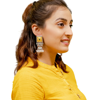 Traditional Indian Matte Gold Antique Oxidised Silver CZ, Crystal Studded Jhumka Earring For Women -Two Tone Green (SJE_213_G)