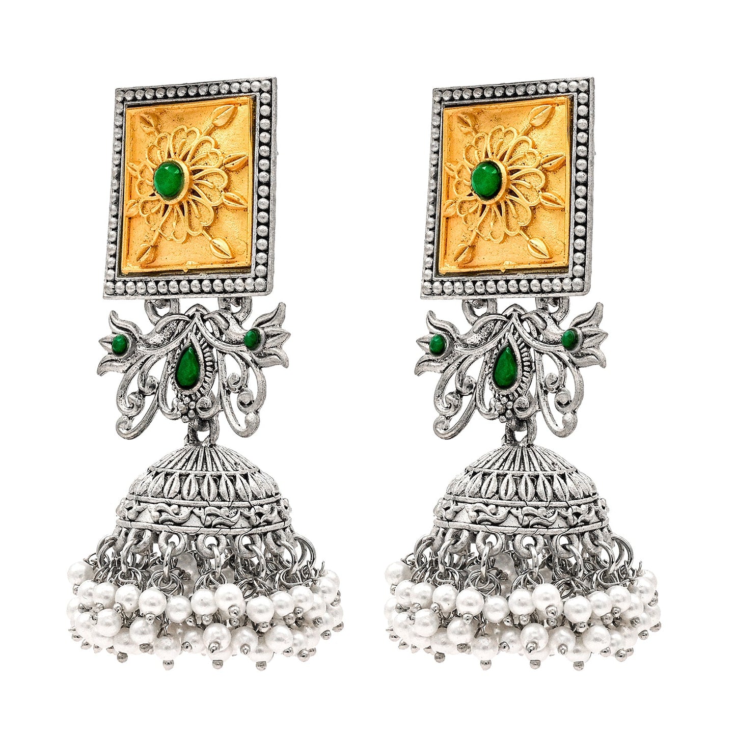 Traditional Indian Matte Gold Antique Oxidised Silver CZ, Crystal Studded Jhumka Earring For Women -Two Tone Green (SJE_213_G)