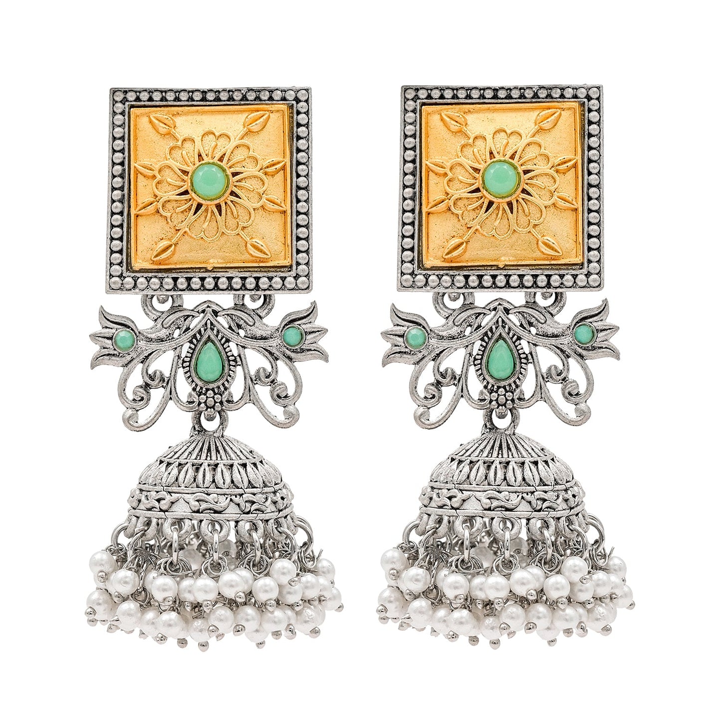 Traditional Indian Matte Gold Antique Oxidised Silver CZ, Crystal Studded Jhumka Earring For Women -Two Tone Light Green (SJE_213_LG)