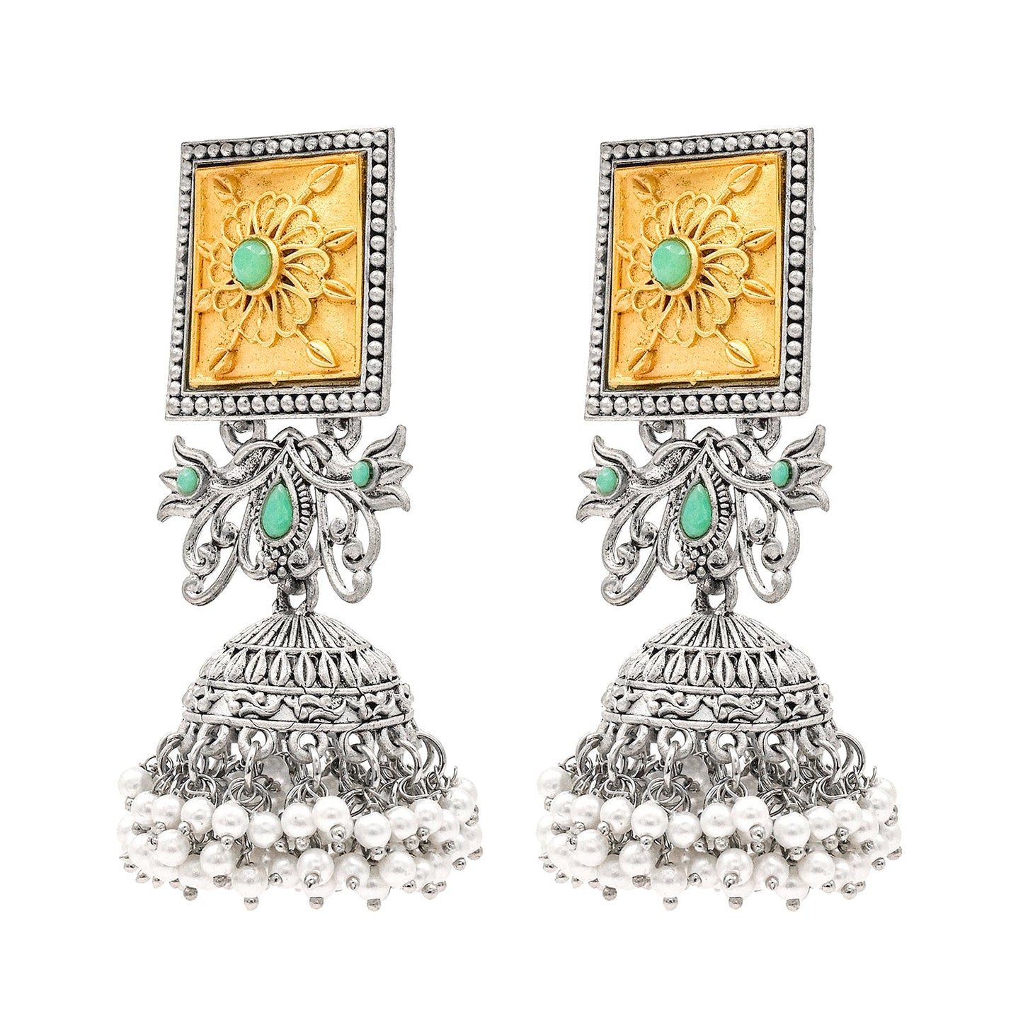 Traditional Indian Matte Gold Antique Oxidised Silver CZ, Crystal Studded Jhumka Earring For Women -Two Tone Light Green (SJE_213_LG)