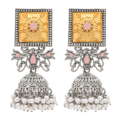 Traditional Indian Matte Gold Antique Oxidised Silver CZ, Crystal Studded Jhumka Earring For Women -Two Tone Light Pink (SJE_213_LP)