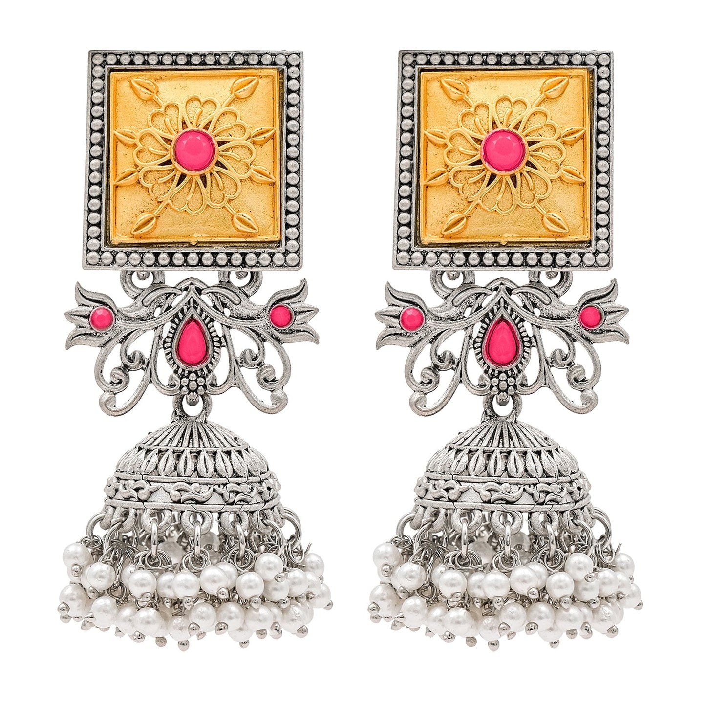 Traditional Indian Matte Gold Antique Oxidised Silver CZ, Crystal Studded Jhumka Earring For Women -Two Tone Maroon (SJE_213_M)