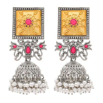 Traditional Indian Matte Gold Antique Oxidised Silver CZ, Crystal Studded Jhumka Earring For Women -Two Tone Maroon (SJE_213_M)