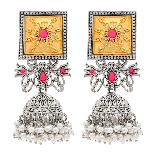 Traditional Indian Matte Gold Antique Oxidised Silver CZ, Crystal Studded Jhumka Earring For Women -Two Tone Maroon (SJE_213_M)