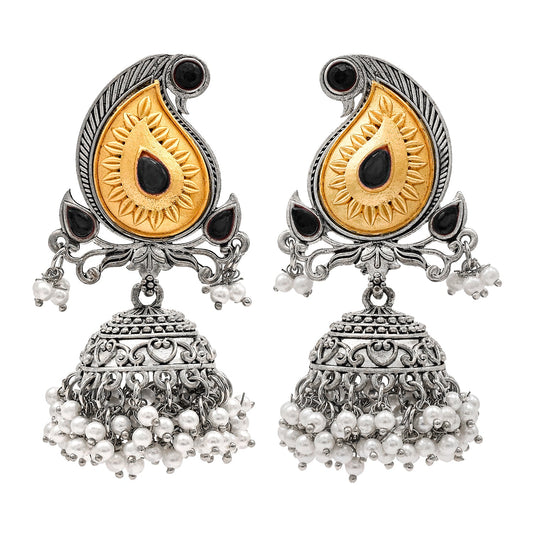 Traditional Indian Matte Two Tone Gold Antique Oxidised Silver CZ, Crystal Studded Paisley Jhumka Earring For Women - Two Tone Black (SJE_214_BK)