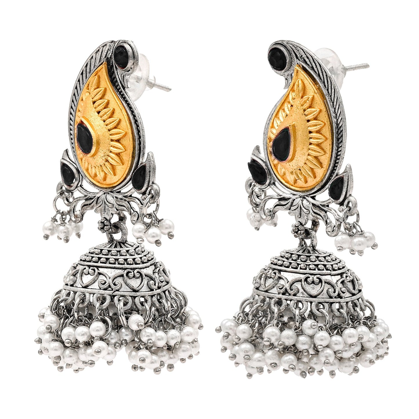 Traditional Indian Matte Two Tone Gold Antique Oxidised Silver CZ, Crystal Studded Paisley Jhumka Earring For Women - Two Tone Black (SJE_214_BK)